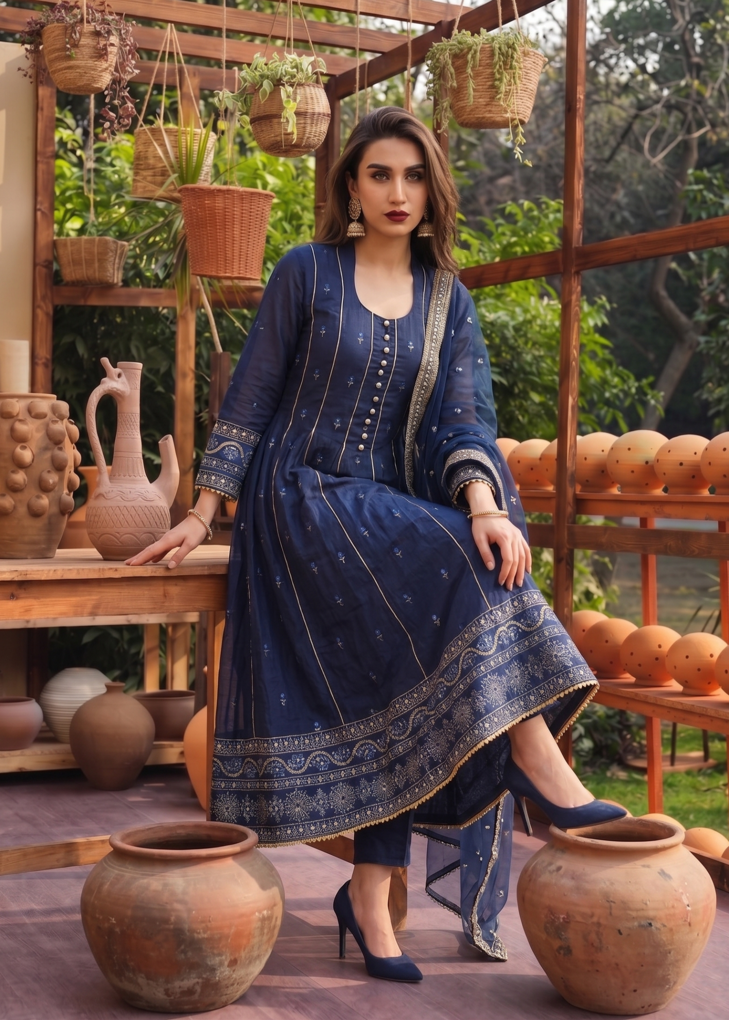 Navy Blue Embroidered Lawn Three Piece Suit Online in Dubai UAE Abudhabi Ajman Sharjah