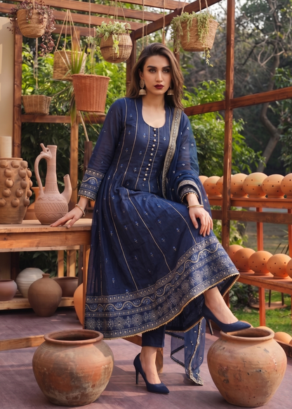 Navy Blue Embroidered Lawn Three Piece Suit Online in Dubai UAE Abudhabi Ajman Sharjah