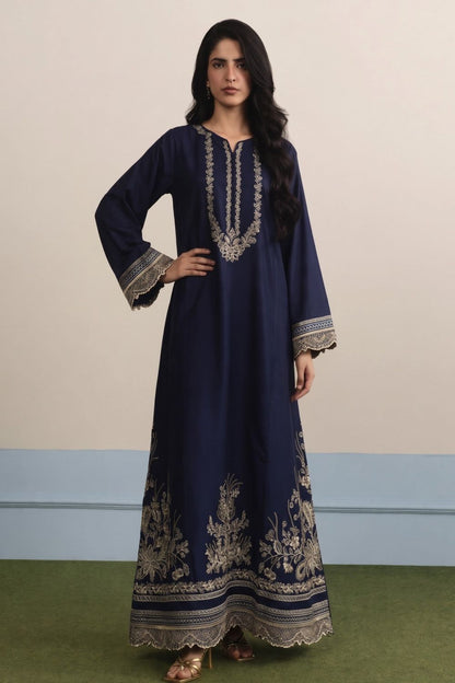 Navy Blue Embroidered Linen Kaftan Online in Dubai UAE Abudhabi Ajman Sharjah