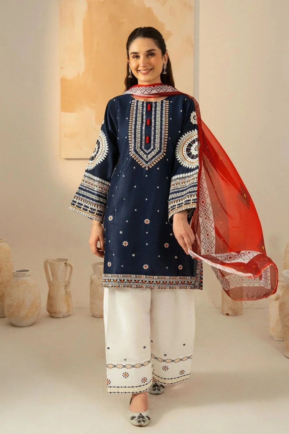 Navy Blue Embroidered Linen Kurta Set Online in Dubai UAE Abudhabi Ajman Sharjah