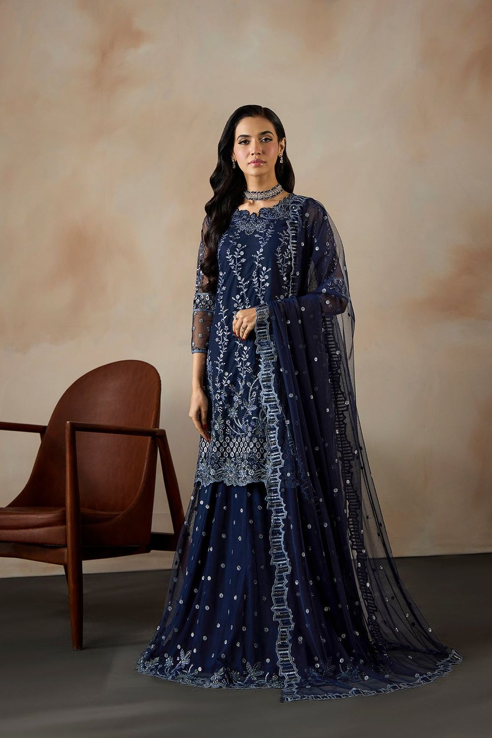 Navy Blue Embroidered Net Festive Suit Online in Dubai UAE Abudhabi Ajman Sharjah