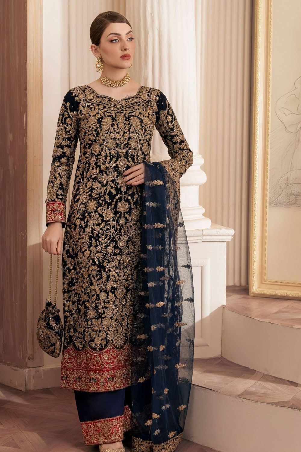 Navy Blue Embroidered Net Wedding Guest Suit Online in Dubai UAE Abudhabi Ajman Sharjah
