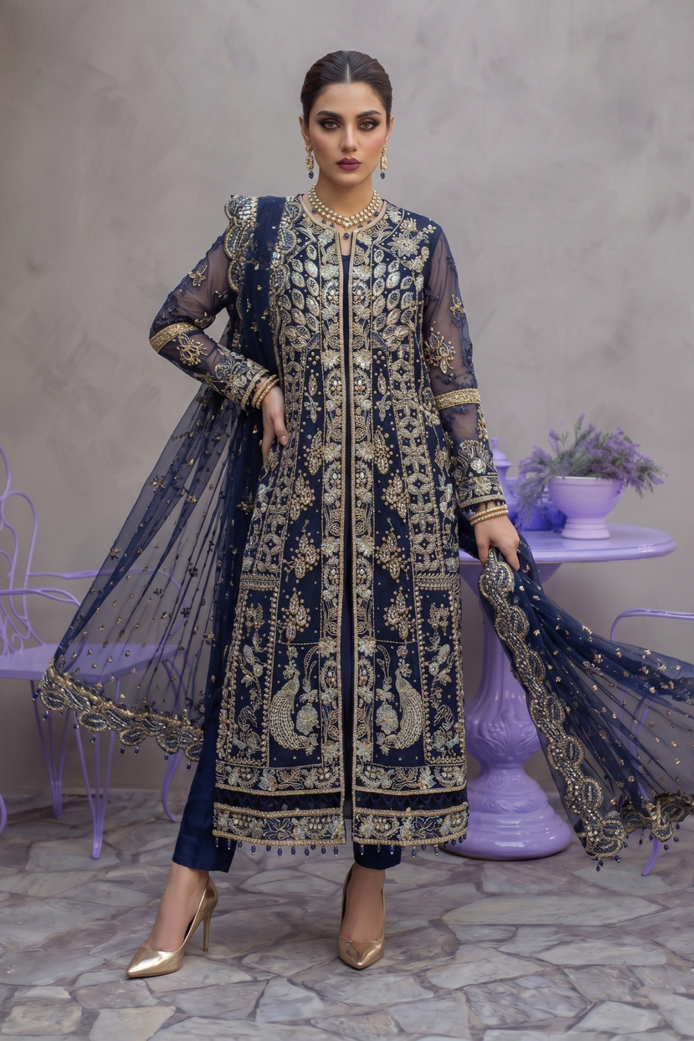 Navy Blue Embroidered Organza Festive Suit Online in Dubai UAE Abudhabi Ajman Sharjah