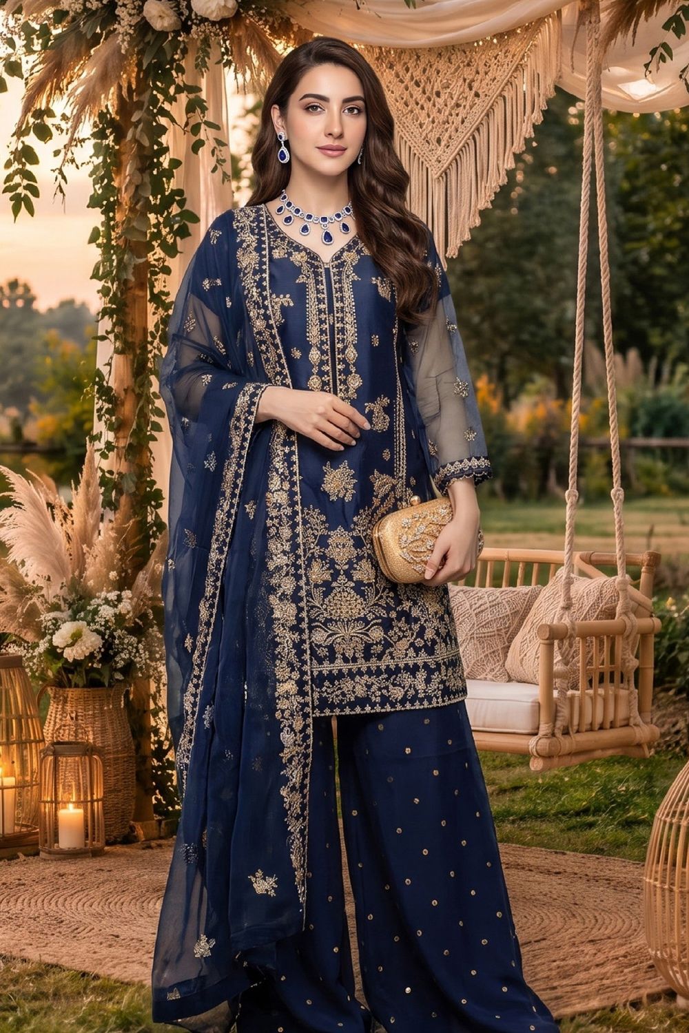 Navy Blue Embroidered Organza Gharara Online in Dubai UAE Abudhabi Ajman Sharjah