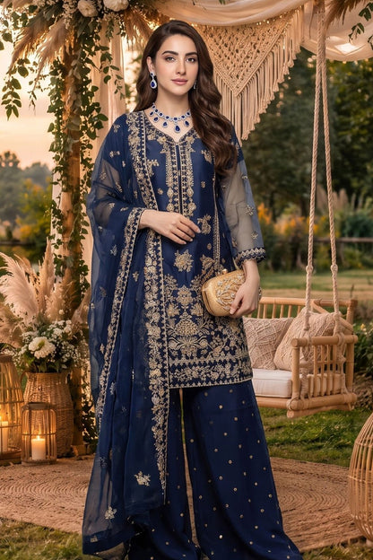 Navy Blue Embroidered Organza Gharara Online in Dubai UAE Abudhabi Ajman Sharjah