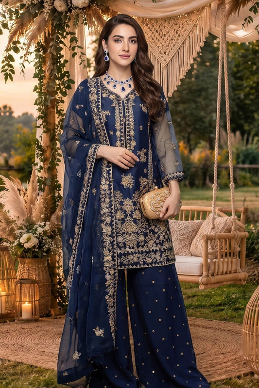 Navy Blue Embroidered Organza Gharara Online in Dubai UAE Abudhabi Ajman Sharjah