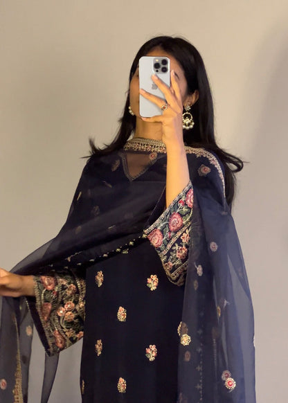 Navy Blue Embroidered Raw Silk Designer Salwar Kameez Online in Dubai DXB UAE Abudhabi Meena Bazaar
