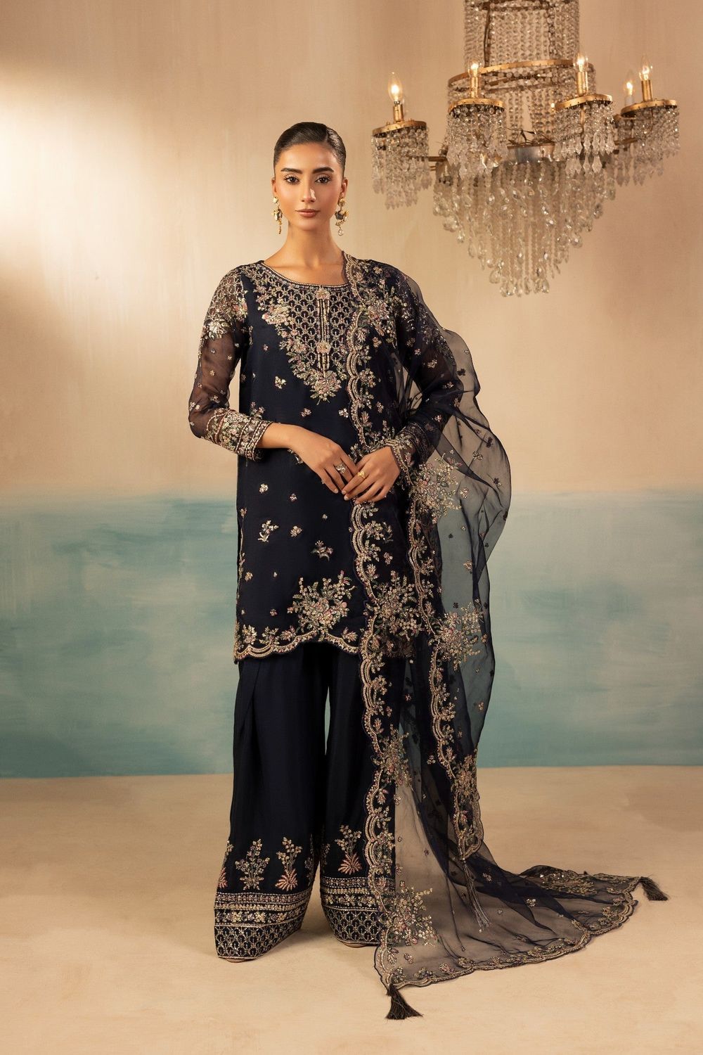 Navy Blue Embroidered Raw Silk Farshi Shalwar Kameez Online in Dubai UAE Abudhabi Ajman Sharjah