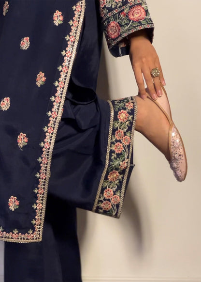 Navy Blue Embroidered Raw Silk Pakistani Designer Suits Online in Dubai DXB UAE Abudhabi Meena Bazaar