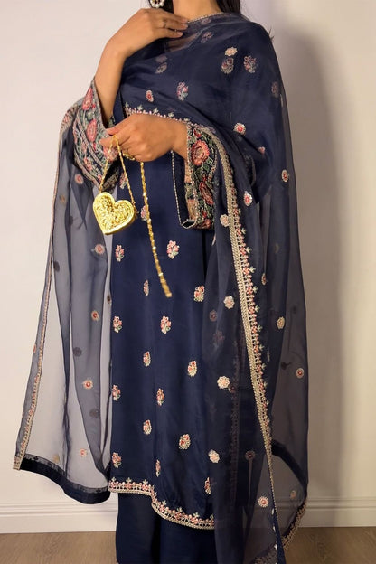Navy Blue Embroidered Raw Silk Pakistani Suit Online in Dubai UAE Abudhabi Ajman Sharjah