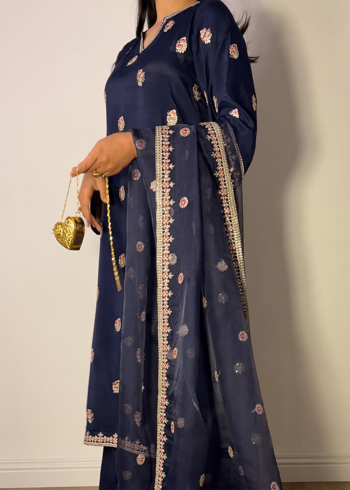 Navy Blue Embroidered Raw Silk Salwar Suit Online in UK USA Canada