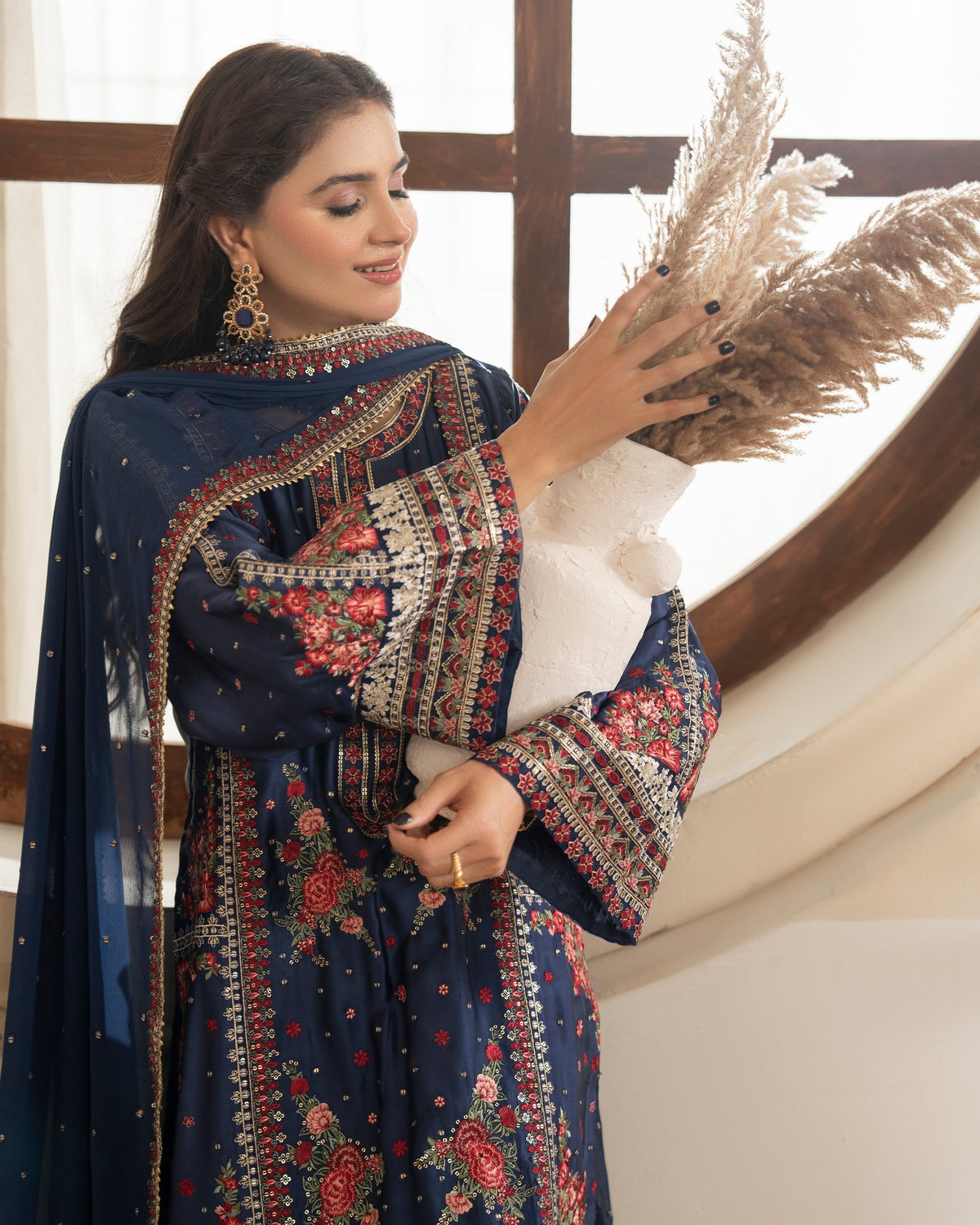 Navy Blue Embroidered Shamoz Silk Pakistani Designer Suit Online in Dubai DXB UAE Abudhabi Meena Bazaar