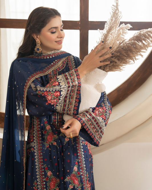 Navy Blue Embroidered Shamoz Silk Pakistani Designer Suit Online in Dubai DXB UAE Abudhabi Meena Bazaar