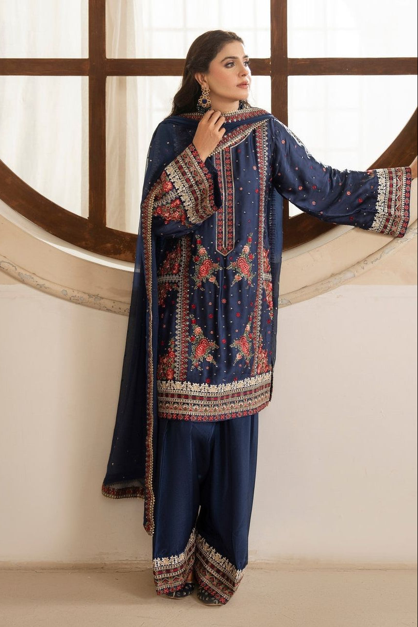Navy Blue Embroidered Shamoz Silk Pakistani Suit Online in Dubai UAE Abudhabi Ajman Sharjah