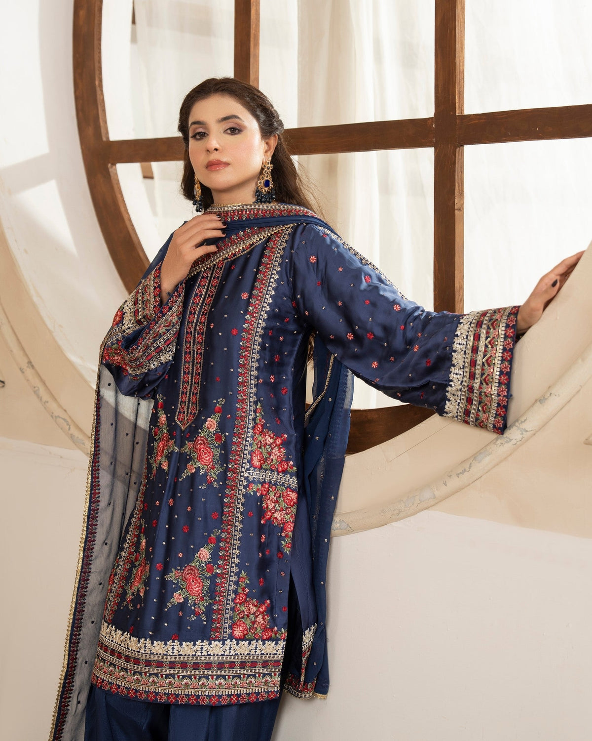 Navy Blue Embroidered Shamoz Silk Pakistani Suit Online in Sri Lanka India Australia