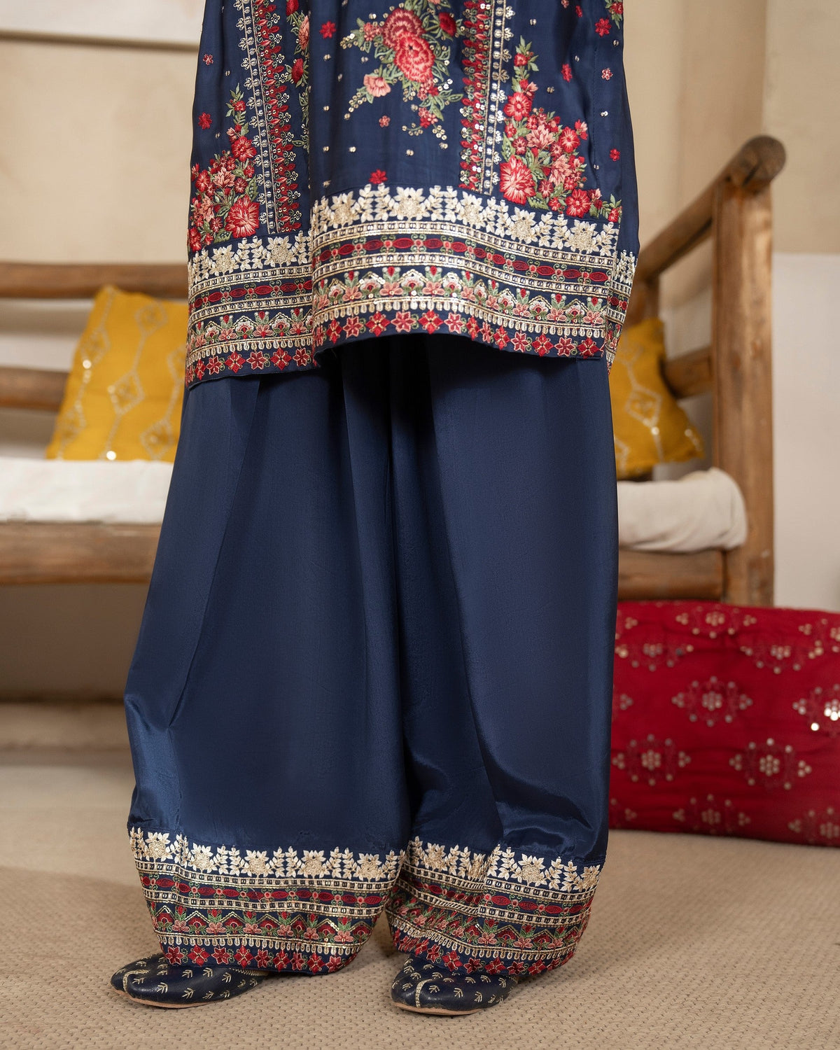 Navy Blue Embroidered Shamoz Silk Salwar Kameez Online in KSA Riyadh Saudi Arabia Oman Bahrain Qatar