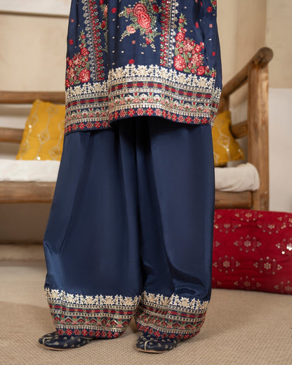 Navy Blue Embroidered Shamoz Silk Salwar Kameez Online in KSA Riyadh Saudi Arabia Oman Bahrain Qatar