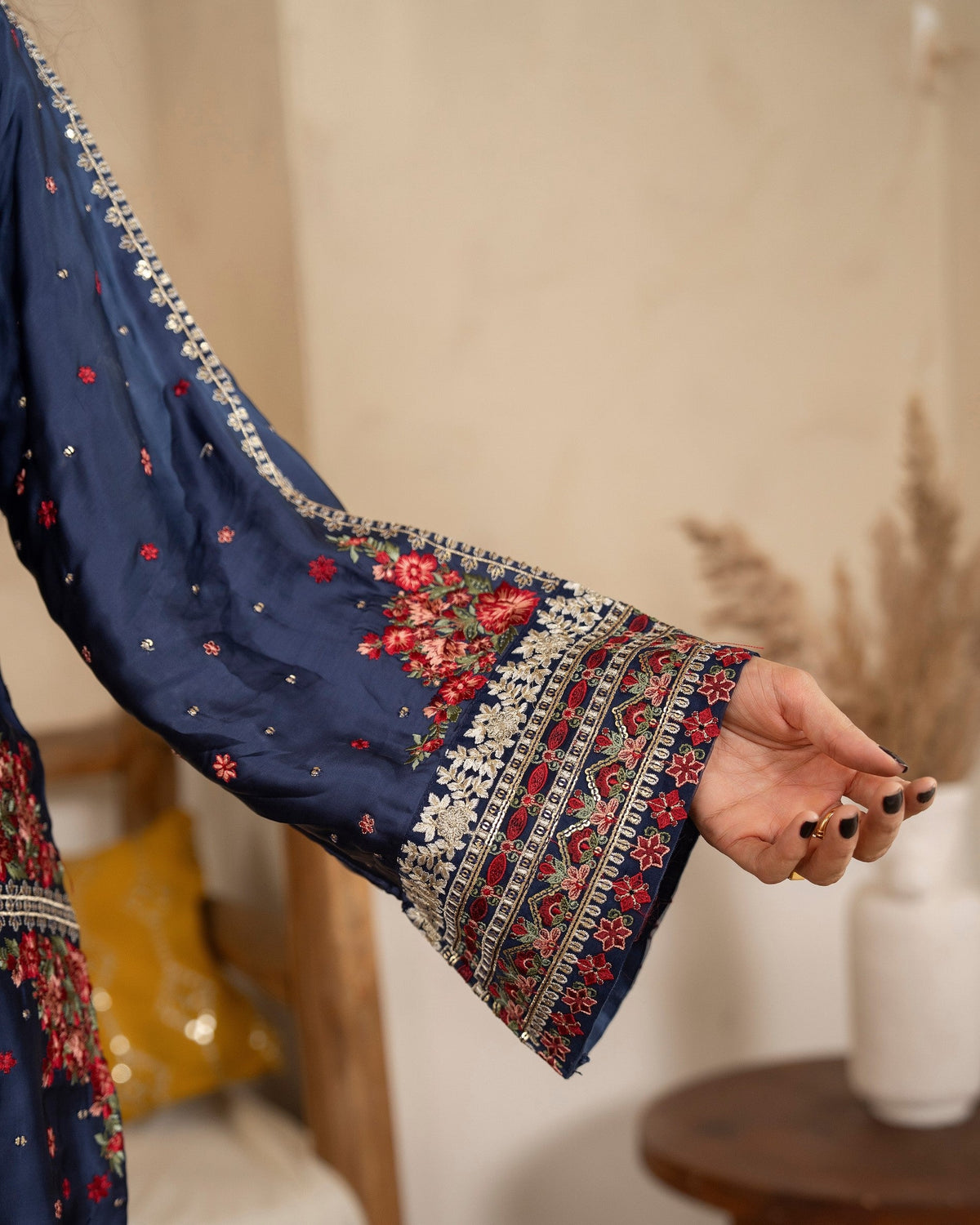 Navy Blue Embroidered Shamoz Silk Shalwar Kameez Online in UK USA Canada