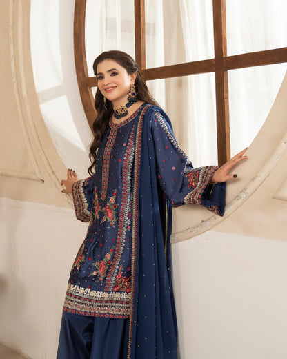 Navy Blue Embroidered Shamoz Silk Suit Online in Dubai UAE Abudhabi Ajman Sharjah