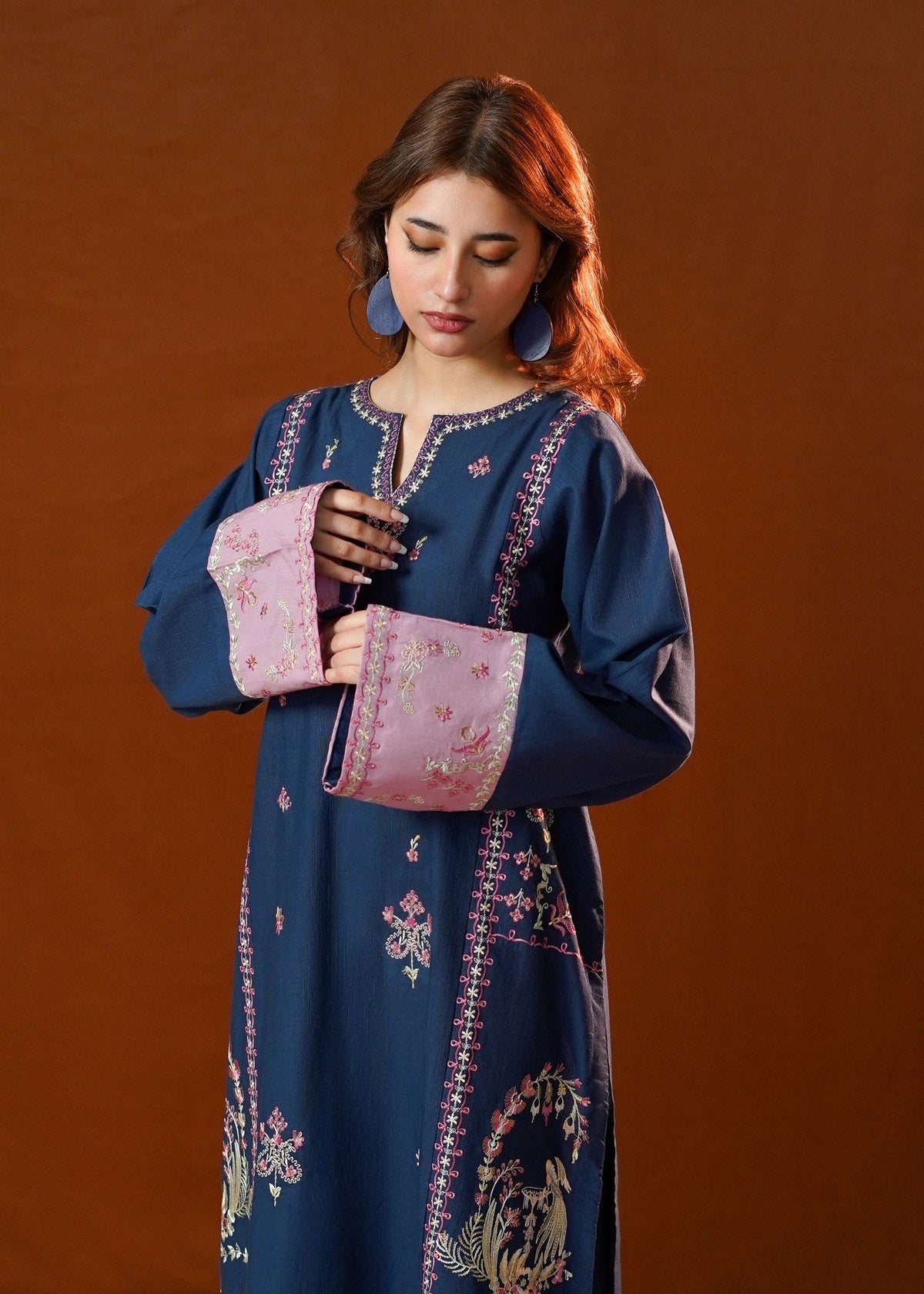 Navy Blue Embroidered Slub Khaddar Kurta Set Online in Dubai DXB UAE Abudhabi Meena Bazaar