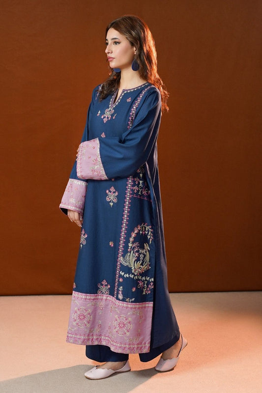 Navy Blue Embroidered Slub Khaddar Kurta Set Online in Dubai UAE Abudhabi Ajman Sharjah