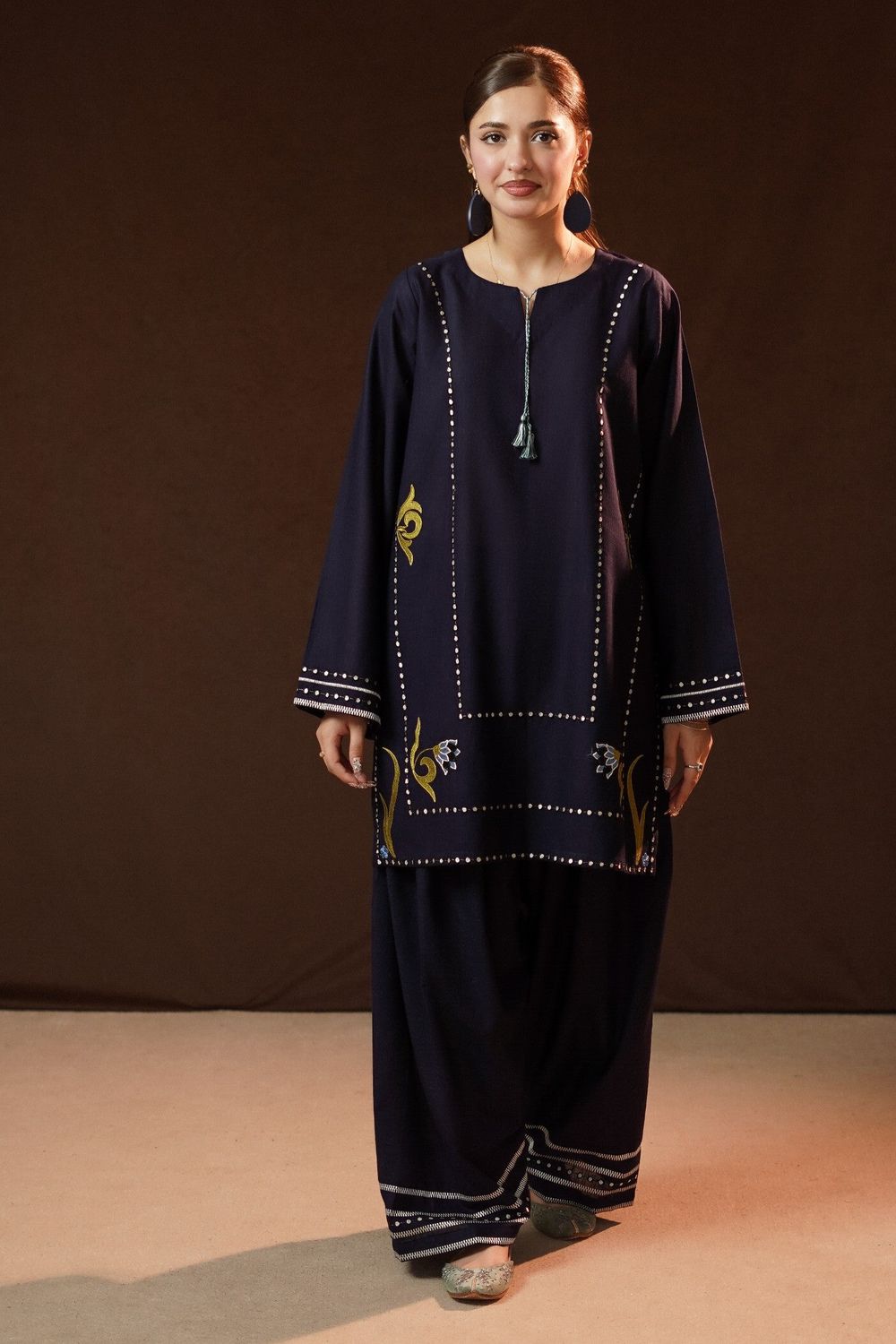 Navy Blue Embroidered Slub Khaddar Kurta Set Online in Dubai UAE Abudhabi Ajman Sharjah
