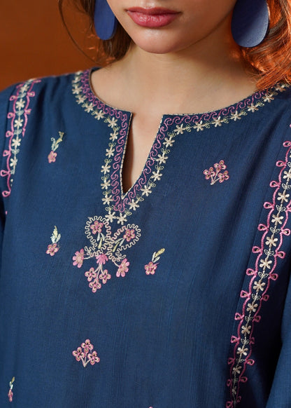 Navy Blue Embroidered Slub Khaddar Kurta Set Online in KSA Riyadh Saudi Arabia Oman Bahrain Qatar