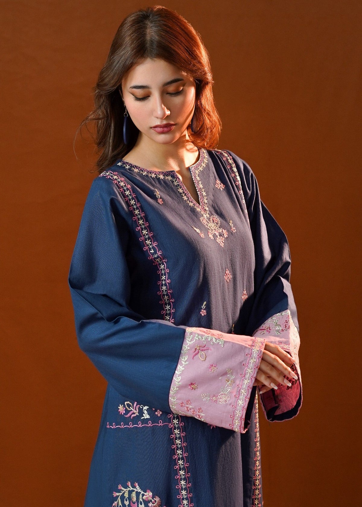 Navy Blue Embroidered Slub Khaddar Kurta Set Online in Sri Lanka India Australia