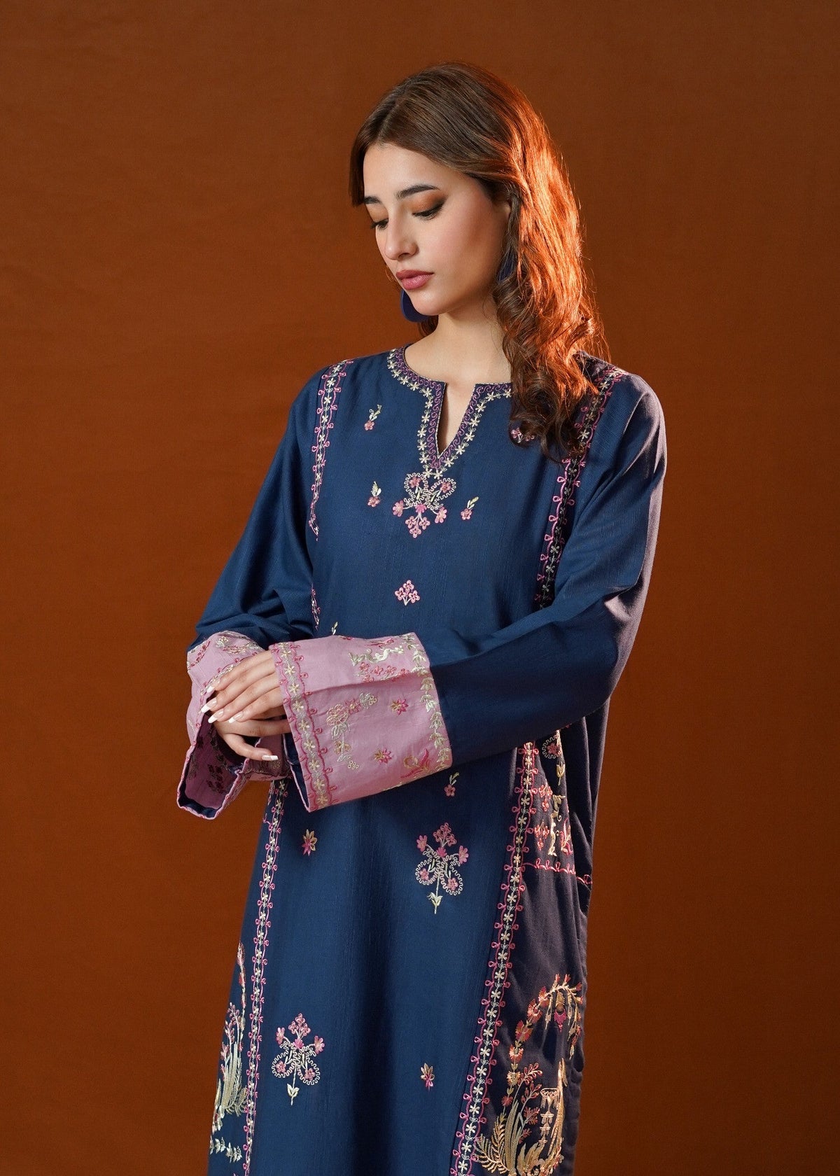 Navy Blue Embroidered Slub Khaddar Kurta Set Online in UK USA Canada