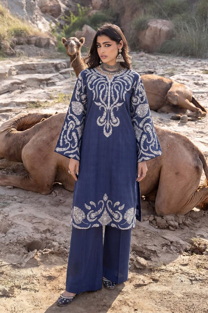 Navy Blue Embroidered Textured Lawn Kurta Set Online in Dubai UAE Abudhabi Ajman Sharjah