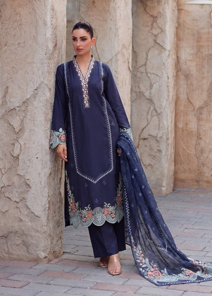 Navy Blue Embroidered Unstitched Lawn Suit Online in UK USA Canada
