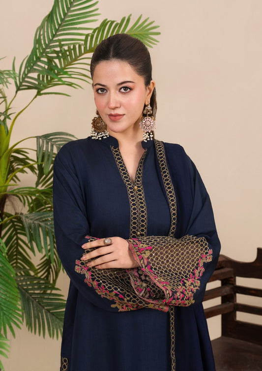 Navy Blue Embroidered Viscose Raw Silk 3 Piece Suit Online in Dubai DXB UAE Abudhabi Meena Bazaar