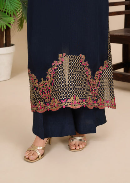 Navy Blue Embroidered Viscose Raw Silk Party Wear Dress Online in KSA Riyadh Saudi Arabia Oman Bahrain Qatar