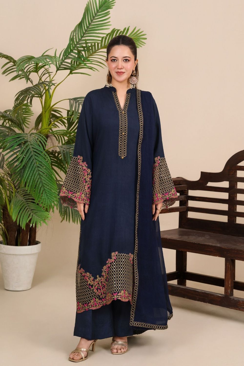 Navy Blue Embroidered Viscose Raw Silk Party Wear Suit Online in Dubai UAE Abudhabi Ajman Sharjah