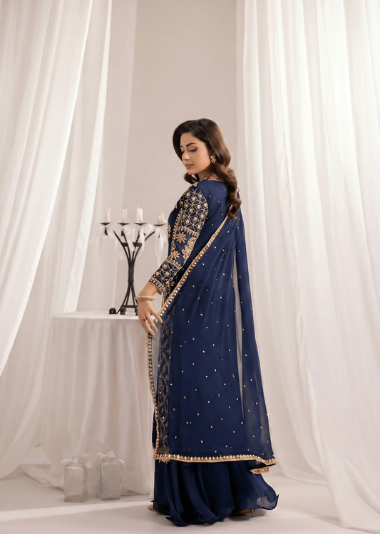 Navy Blue Festive Wear Embroidered Chiffon Suit Online in Sri Lanka India Australia