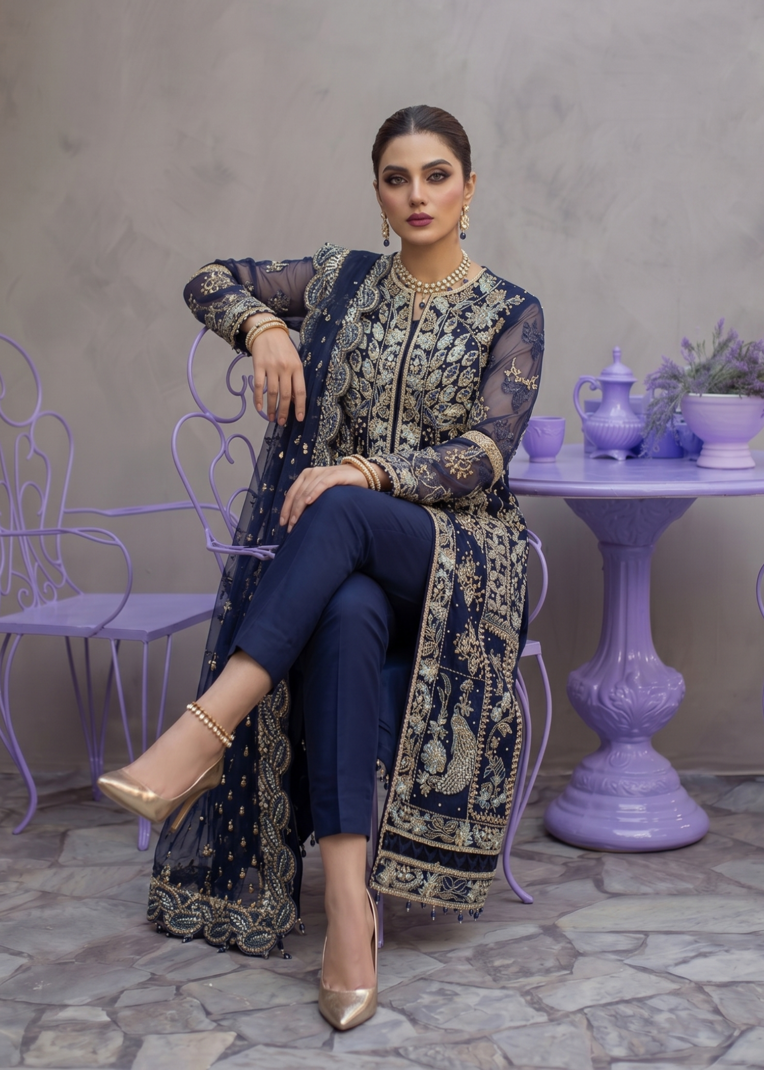 Navy Blue Festive Wear Organza Suit Online in Dubai UAE Abudhabi Ajman Sharjah