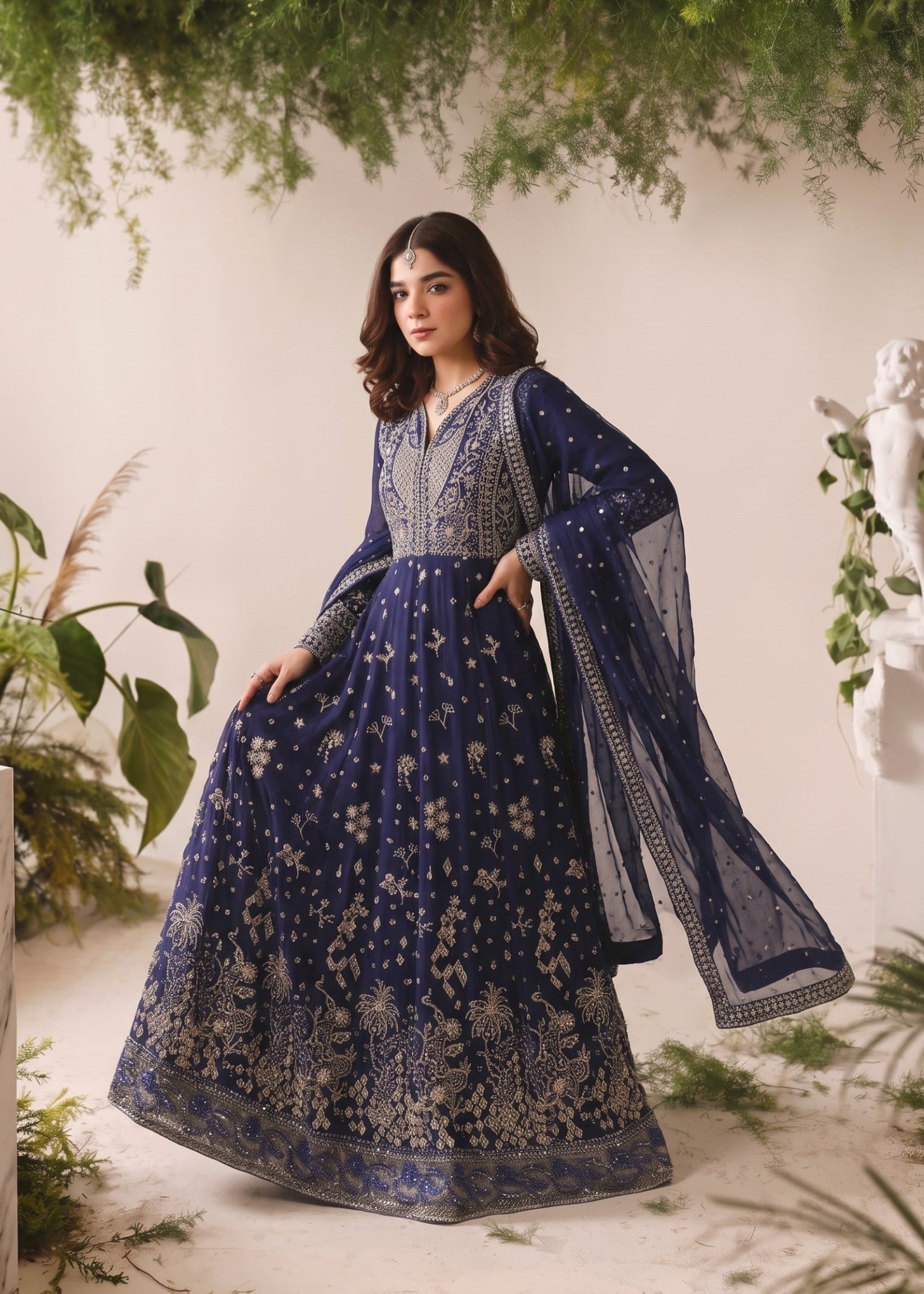 Navy Blue Flared Maxi Chiffon Dress Online in Dubai DXB UAE Abudhabi Meena Bazaar