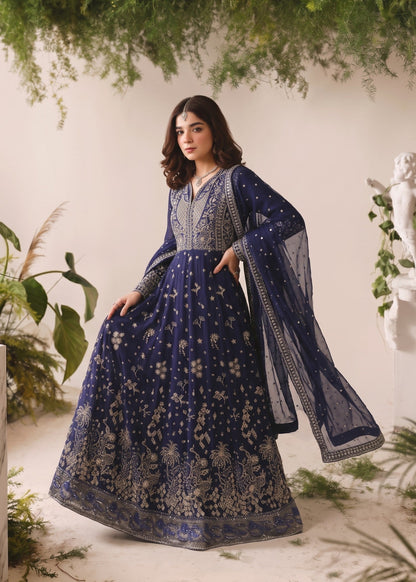 Navy Blue Flared Maxi Chiffon Dress Online in Dubai DXB UAE Abudhabi Meena Bazaar