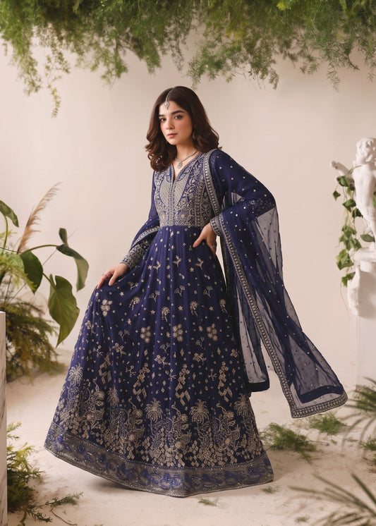 Navy Blue Flared Maxi Chiffon Dress Online in Dubai DXB UAE Abudhabi Meena Bazaar