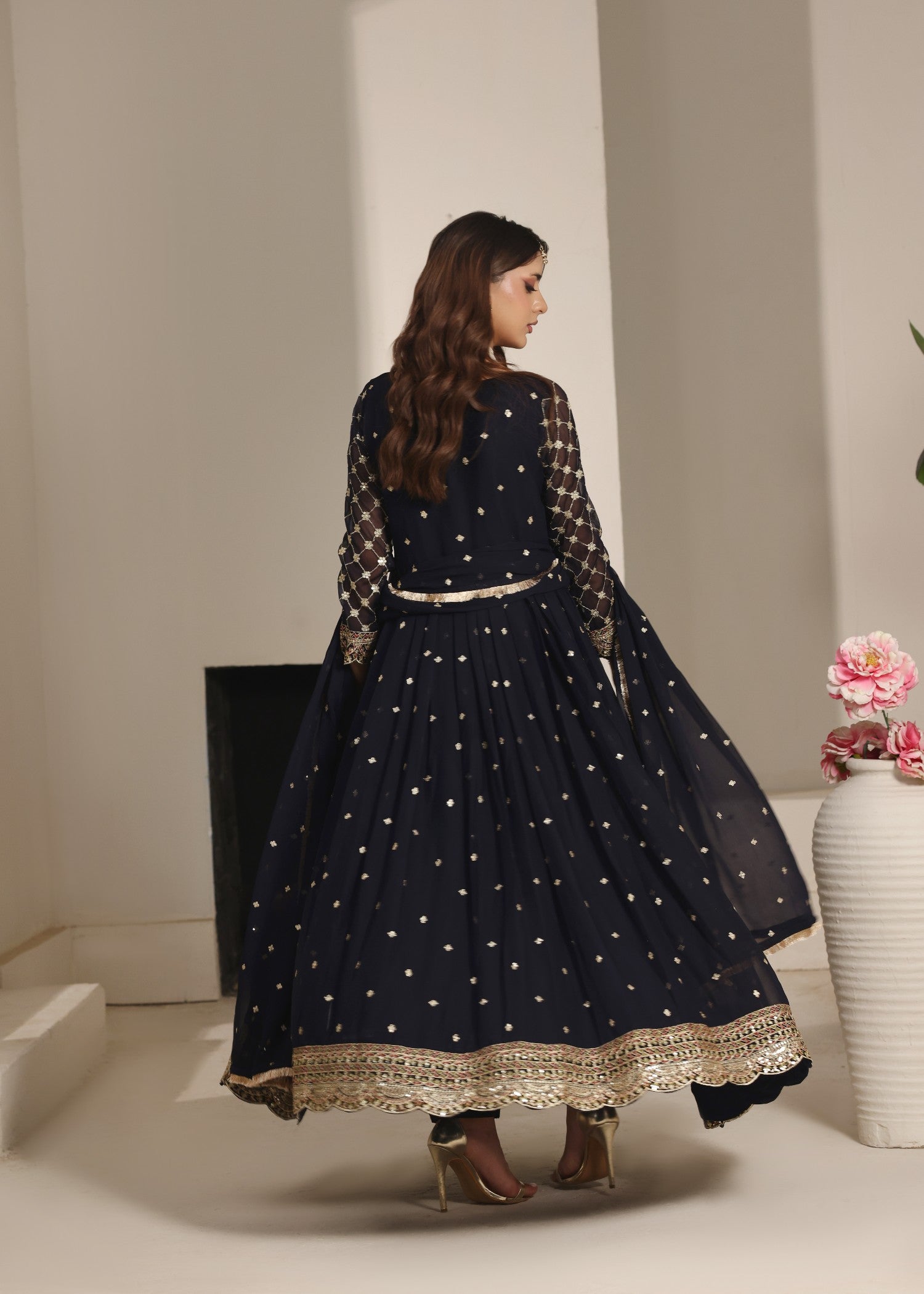 Navy Blue Flared Pishwas with Chiffon Dupatta Online in Sri Lanka India Australia