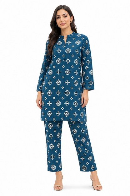 Navy Blue Geometric Printed AirJet Lawn Suit Online in Dubai UAE Abudhabi Ajman Sharjah