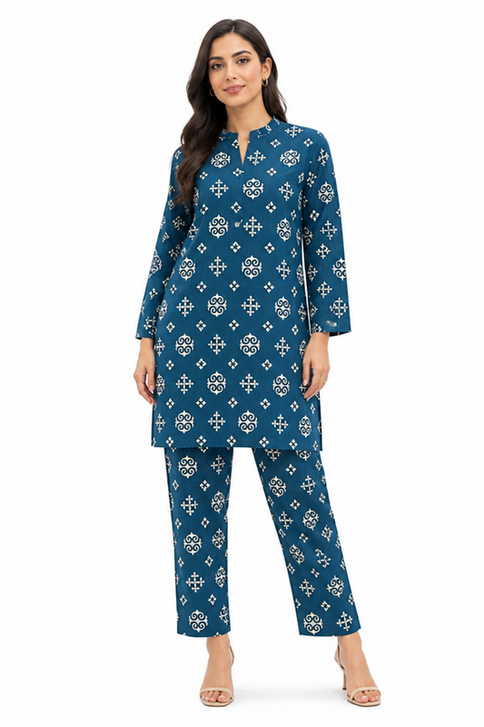 Navy Blue Geometric Printed AirJet Lawn Suit Online in Dubai UAE Abudhabi Ajman Sharjah