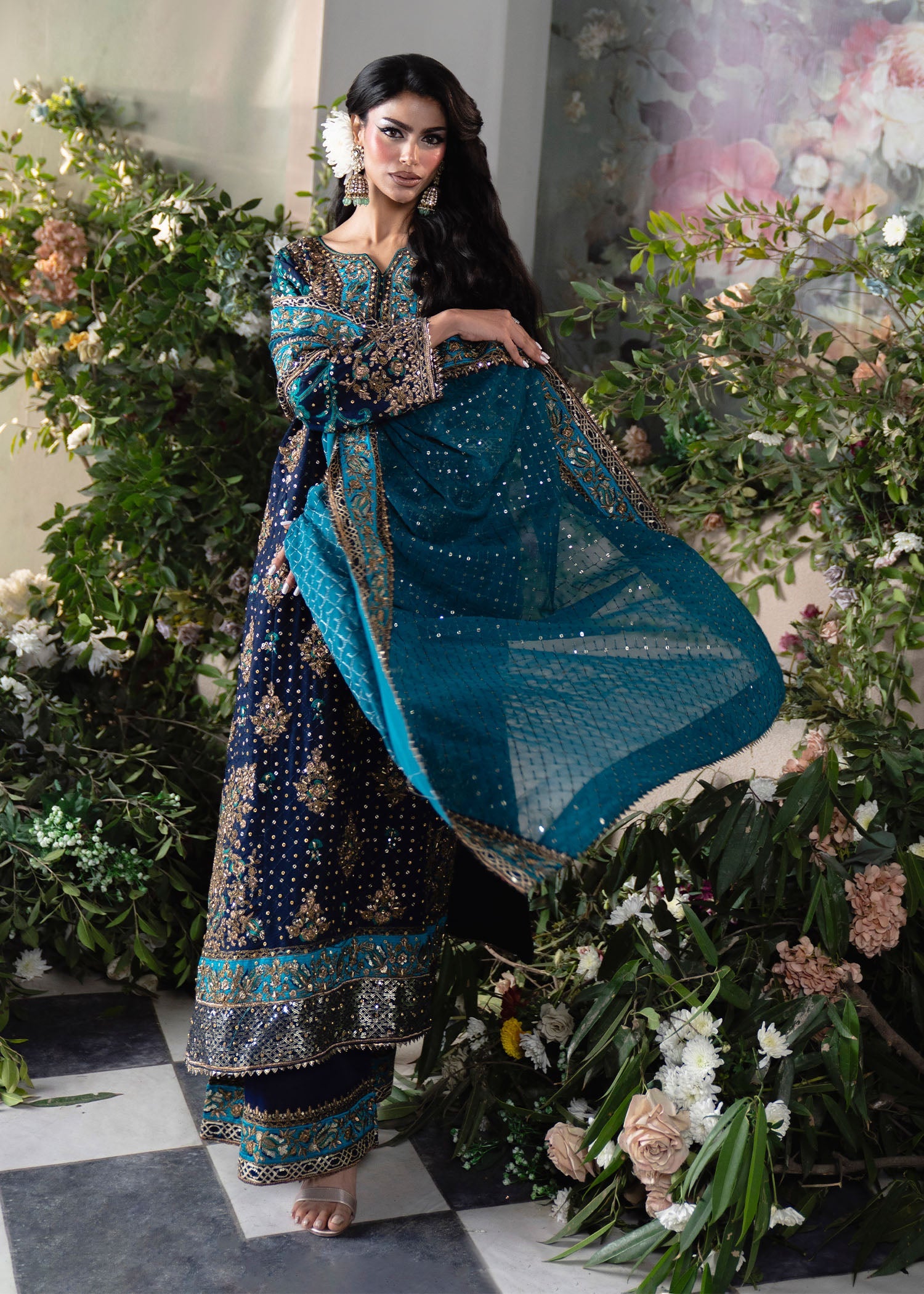 Navy Blue Gold Embroidered Chiffon Wedding Wear Online in Dubai DXB UAE Abudhabi Meena Bazaar
