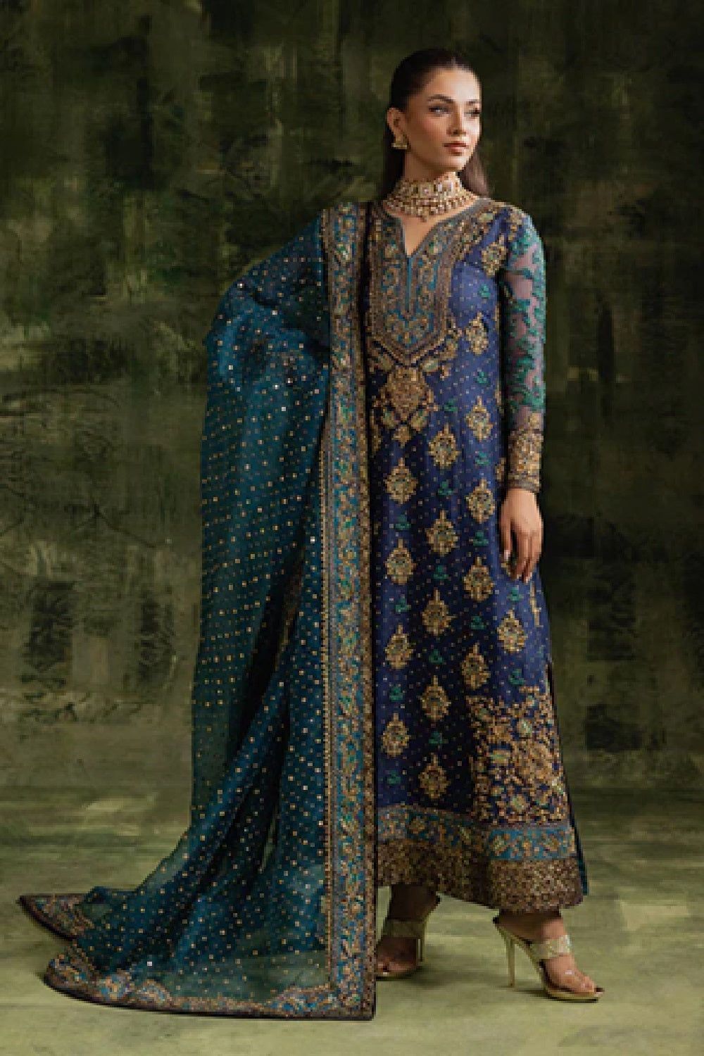Navy Blue Hand Embellished Wedding Bridal Chiffon Suit Online in Dubai UAE Abudhabi Ajman Sharjah