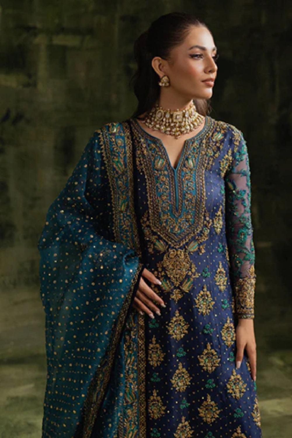 Navy Blue Hand Embellished Wedding Bridal Chiffon Suit Online in KSA Riyadh Saudi Arabia Oman Bahrain Qatar