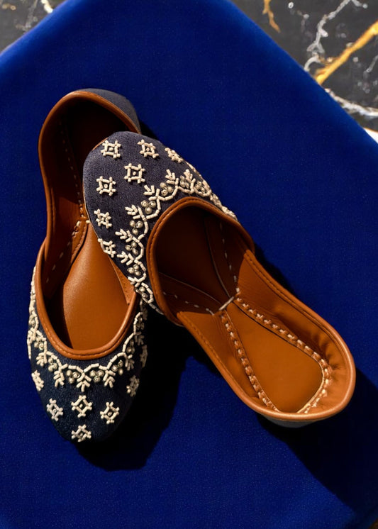 Navy Blue Handcrafted Leather Jutti with White Embroidery Online in Dubai DXB UAE Abudhabi Meena Bazaar