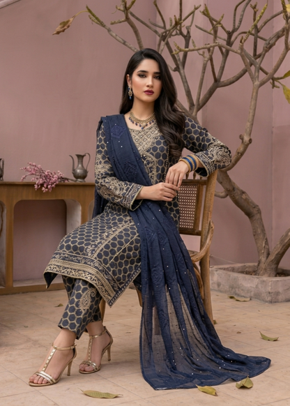 Navy Blue Jacquard Embroidered Festive Suit Online in Sri Lanka India Australia