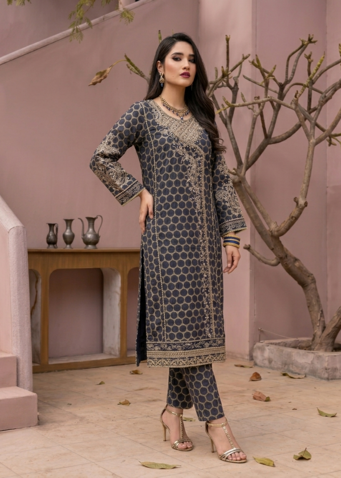 Navy Blue Jacquard Embroidered Party Wear Suit Online in Sri Lanka India Australia