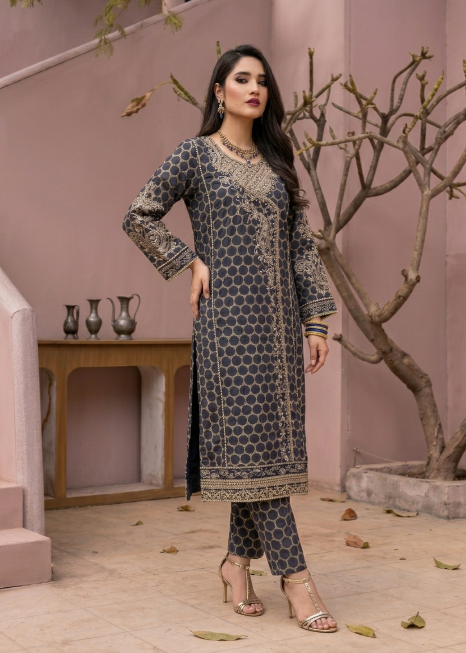 Navy Blue Jacquard Embroidered Party Wear Suit Online in Sri Lanka India Australia