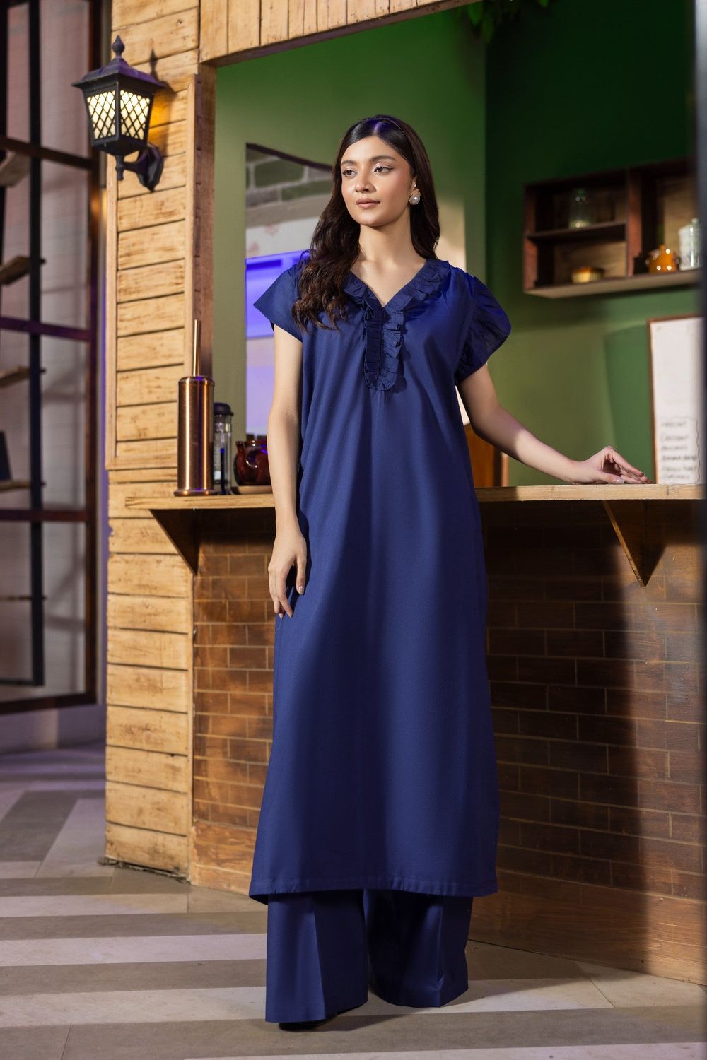 Navy Blue Lawn Cotton Long Kurta Set Online in Dubai UAE Abudhabi Ajman Sharjah